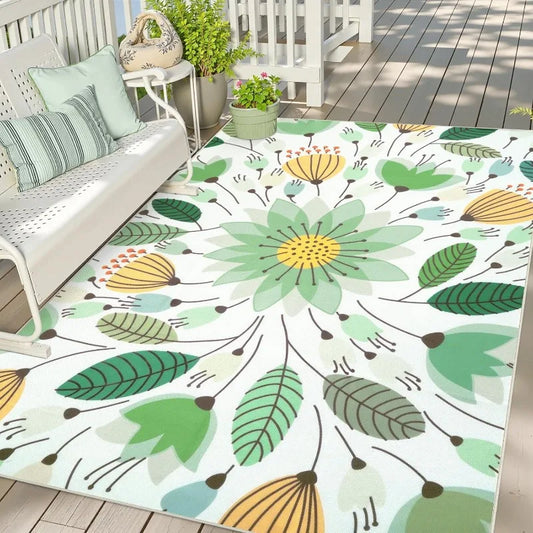 Green Floral Patio Rug 6x9 ft, Breathable & Quick Drying Outdoor Rug Carpet, Non Slip Washable RV Camping Mat,